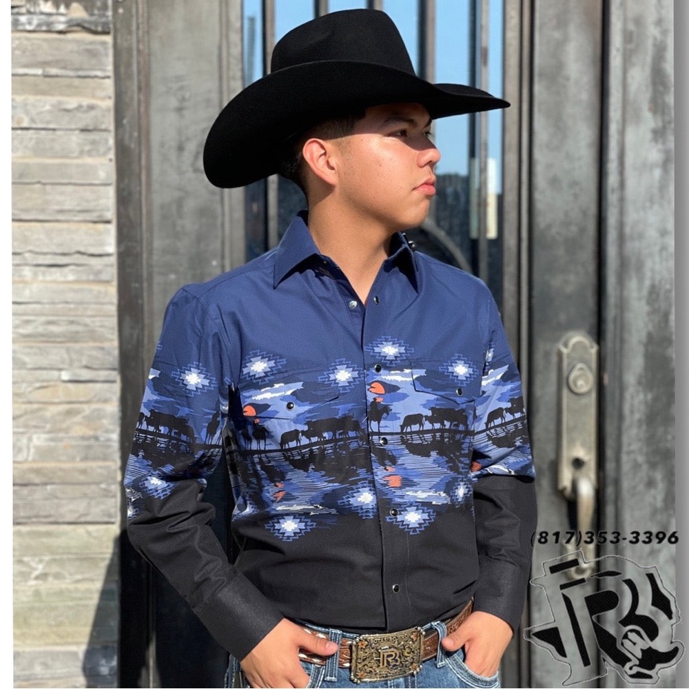 Panhandle Western Men’s Snap Front Collared Long Sleeve Shirt Scenic Border 232